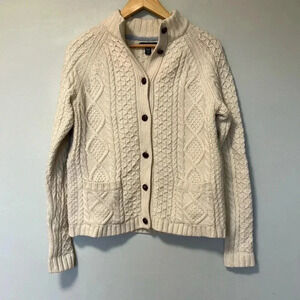 Lands’ End  off white cable knit fisherman 100% wool cardigan